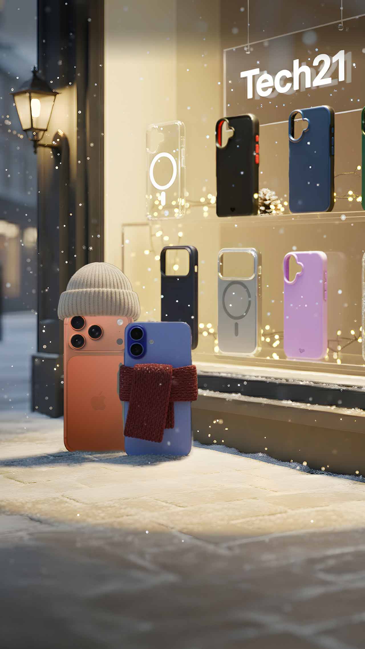 Two iPhone 17's stand bundled up in knit hat and scarf out in the snow on a street corner looking into a store window with Tech21 cases. Text in the window reads Tech21.