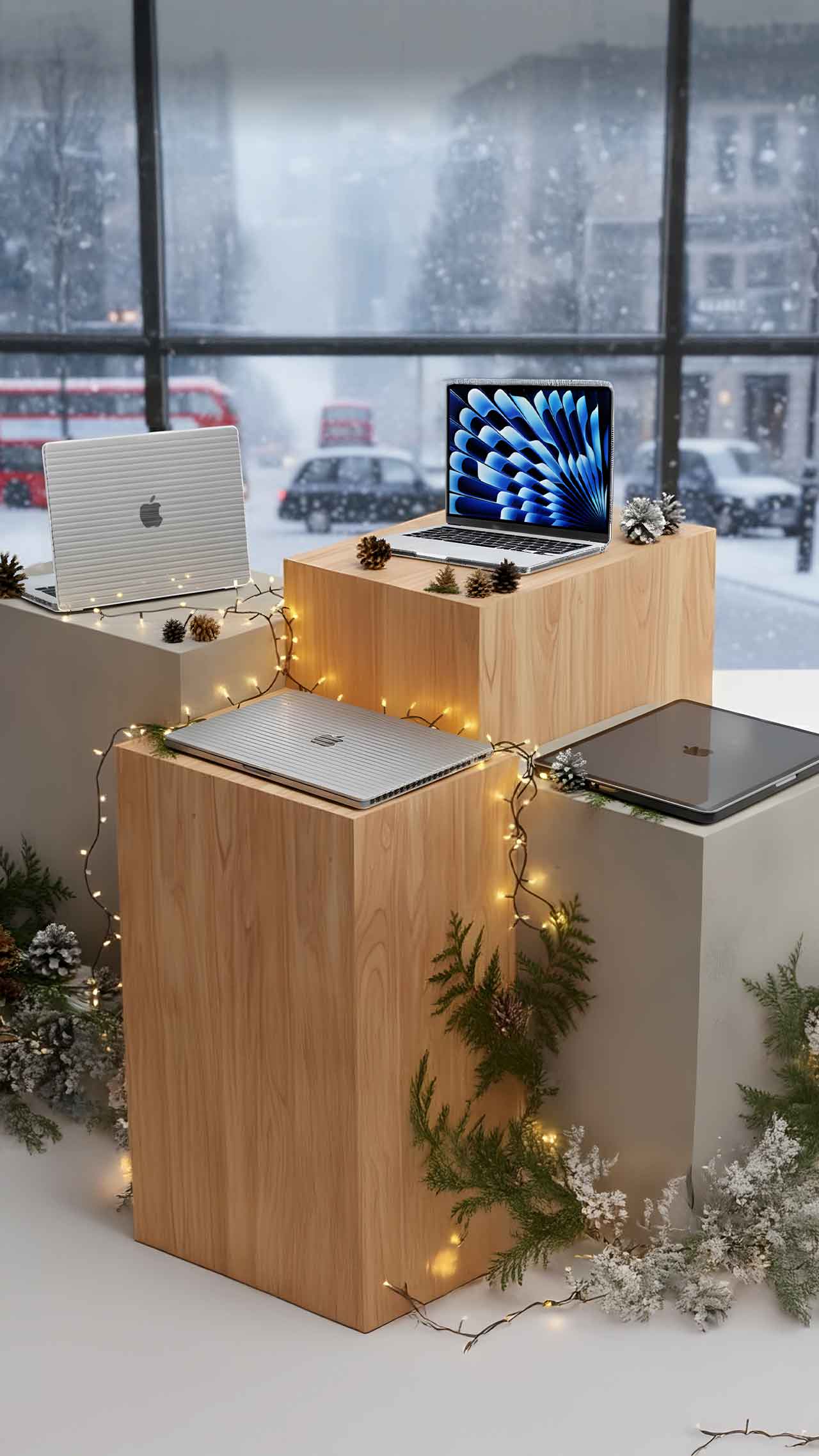MacBooks in Tech21 cases stand on wood pedestals in a store window looking out to a snowy street