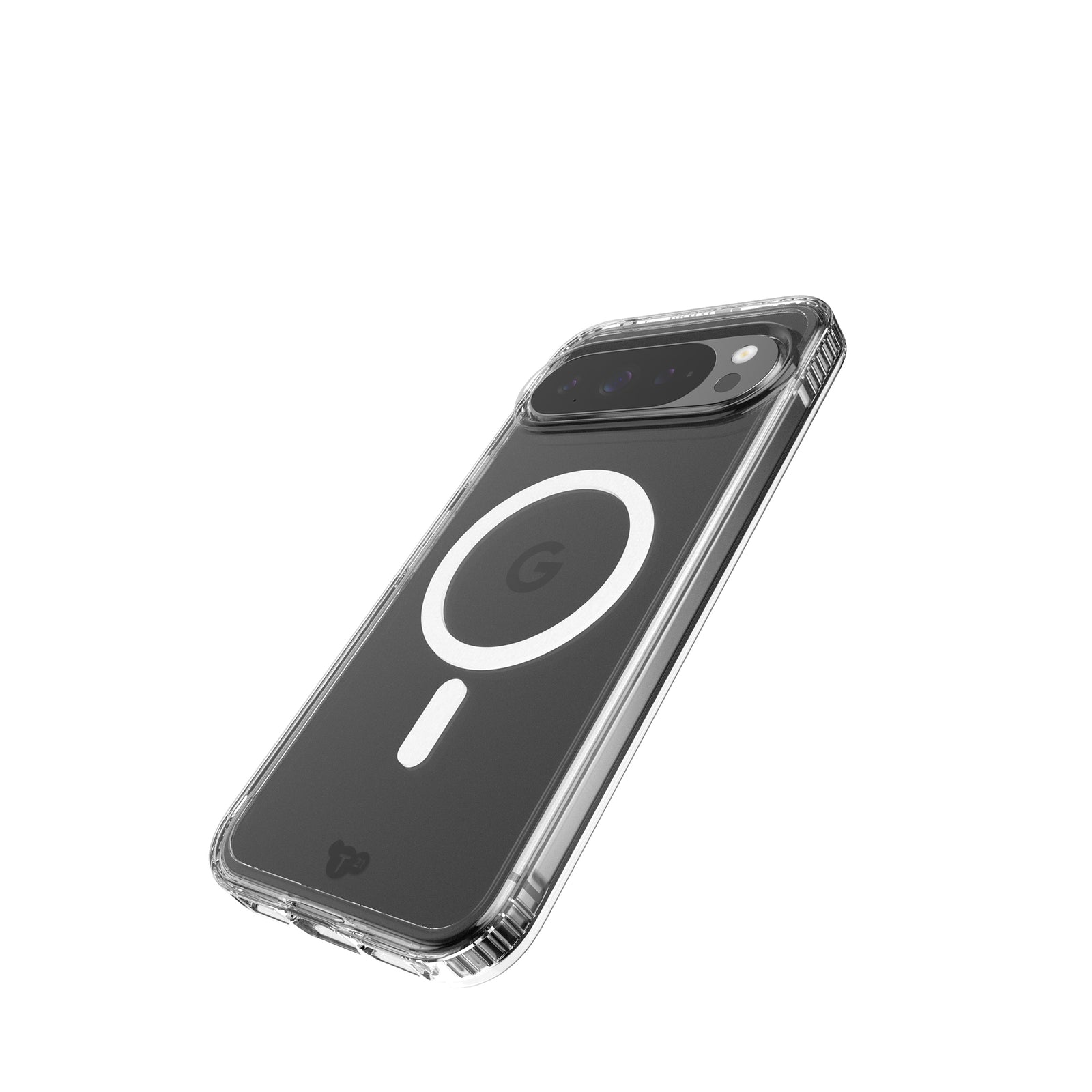 Tilted three-quarter tilted view of back of phone case with phone inside#color_clear