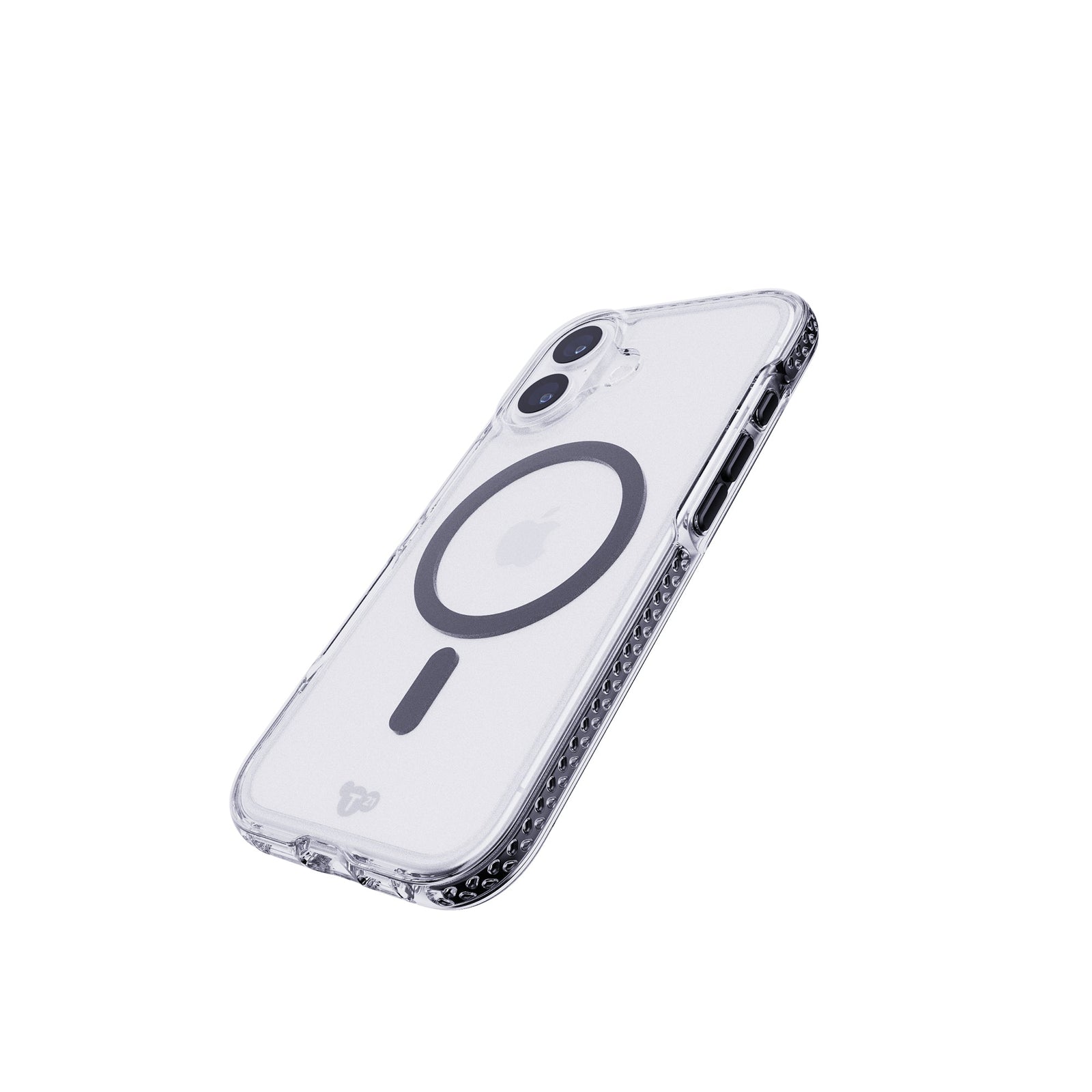 Tilted three-quarter tilted view of back of phone case with phone inside#color_black