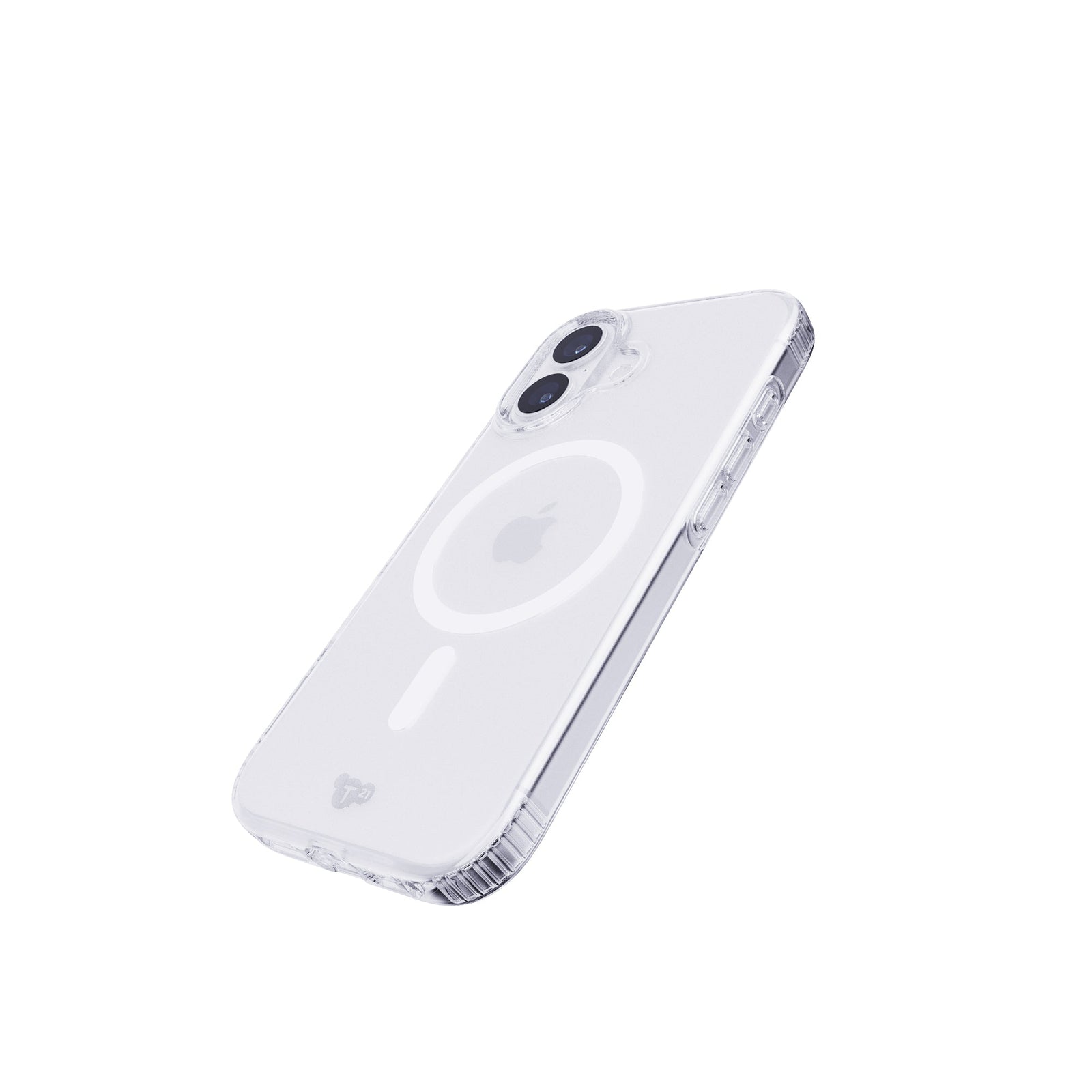 Tilted three-quarter tilted view of back of phone case with phone inside#color_clear