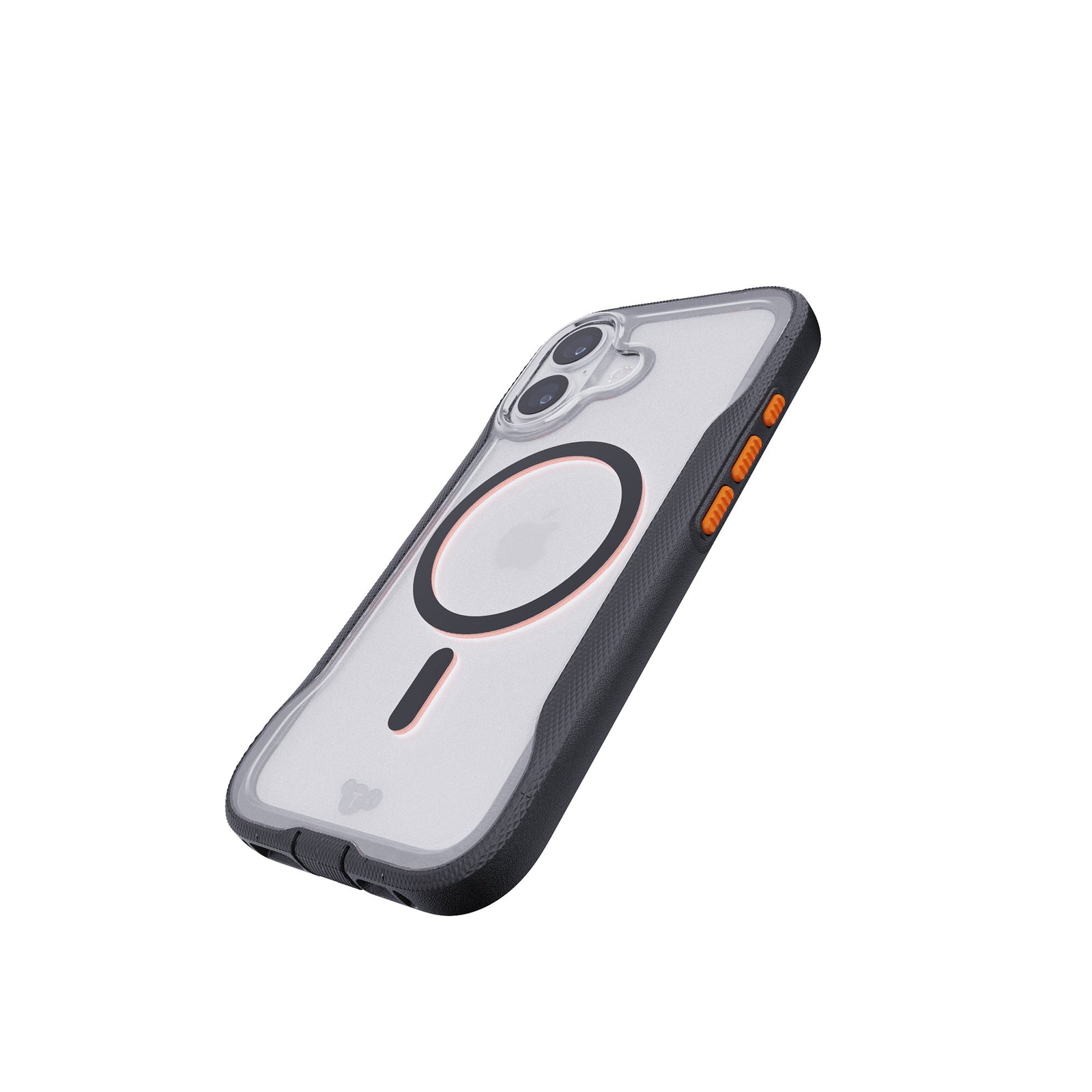 Tilted three-quarter tilted view of back of phone case with phone inside#color_clear-black