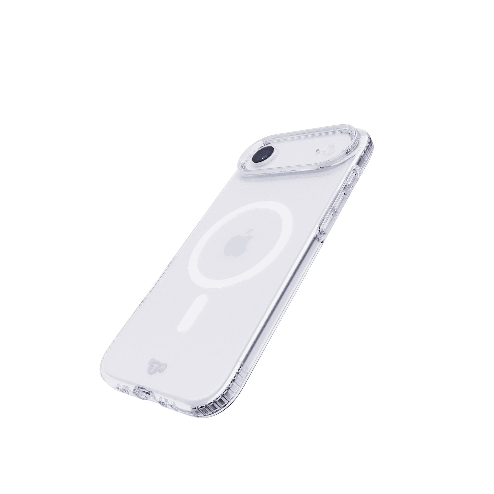 Tilted three-quarter tilted view of back of phone case with phone inside#color_clear