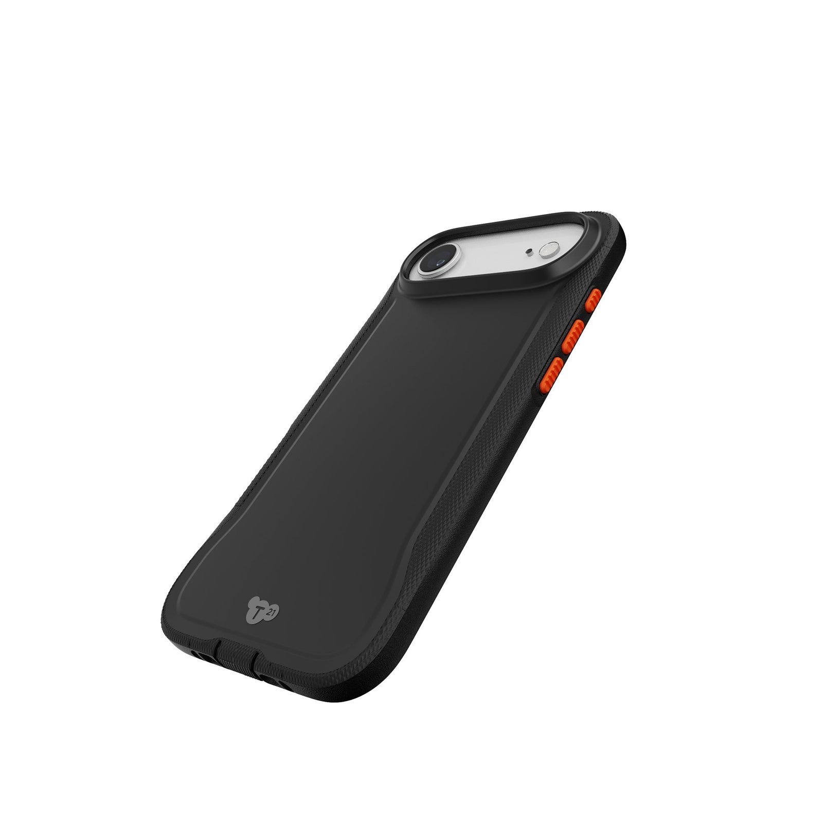 Tilted three-quarter tilted view of back of phone case with phone inside#color_black