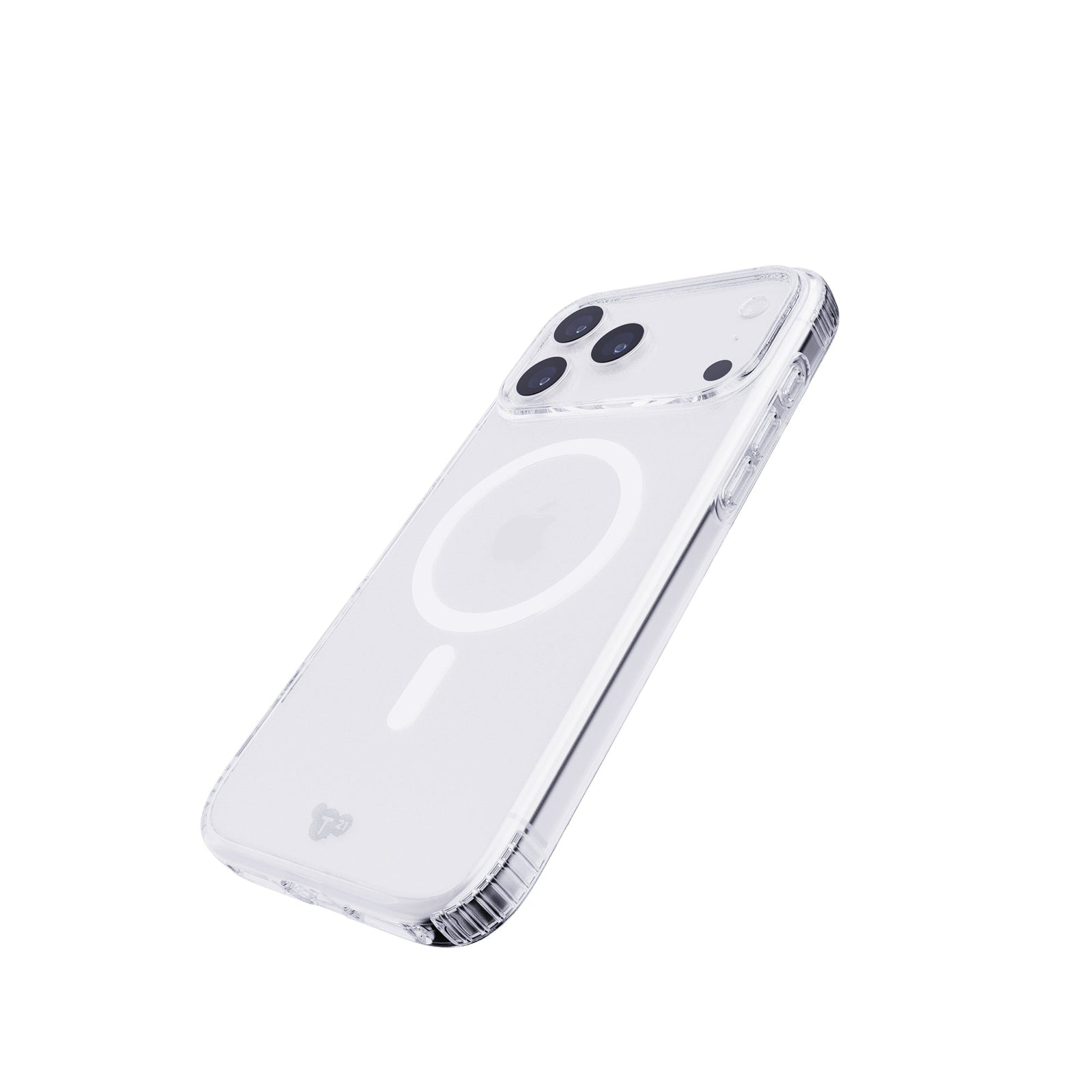 Tilted three-quarter tilted view of back of phone case with phone inside#color_clear
