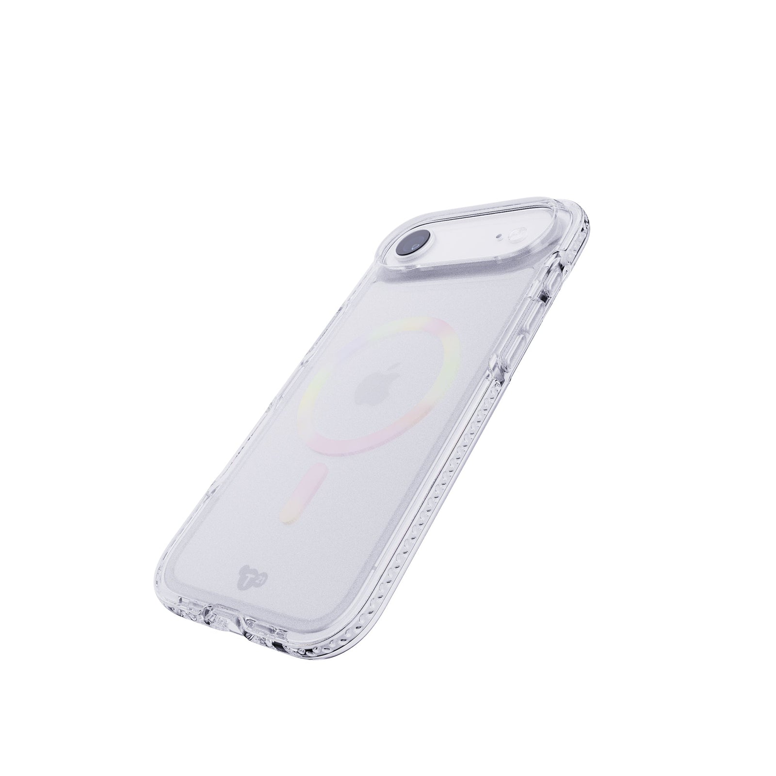 Tilted three-quarter tilted view of back of phone case with phone inside#color_iridescent