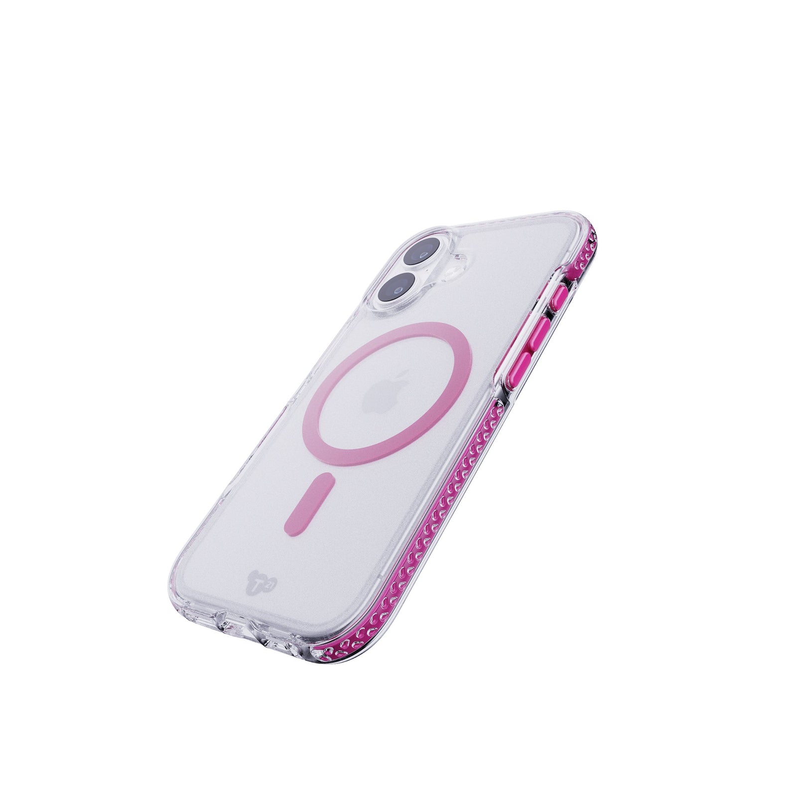 Tilted three-quarter tilted view of back of phone case with phone inside#color_cyber-pink
