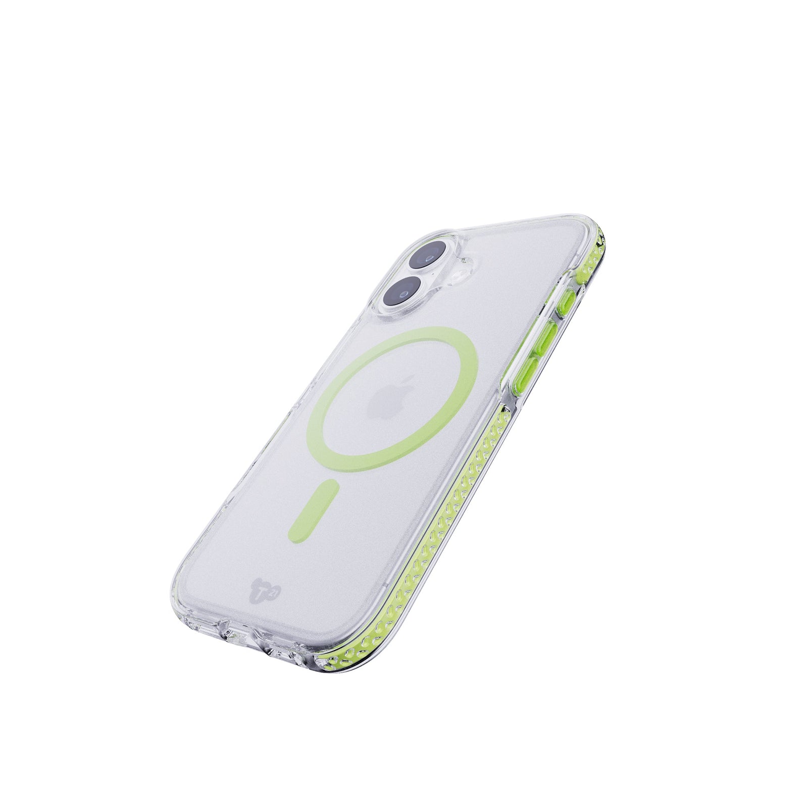 Tilted three-quarter tilted view of back of phone case with phone inside#color_green-glow-in-the-dark-magsafe-ring