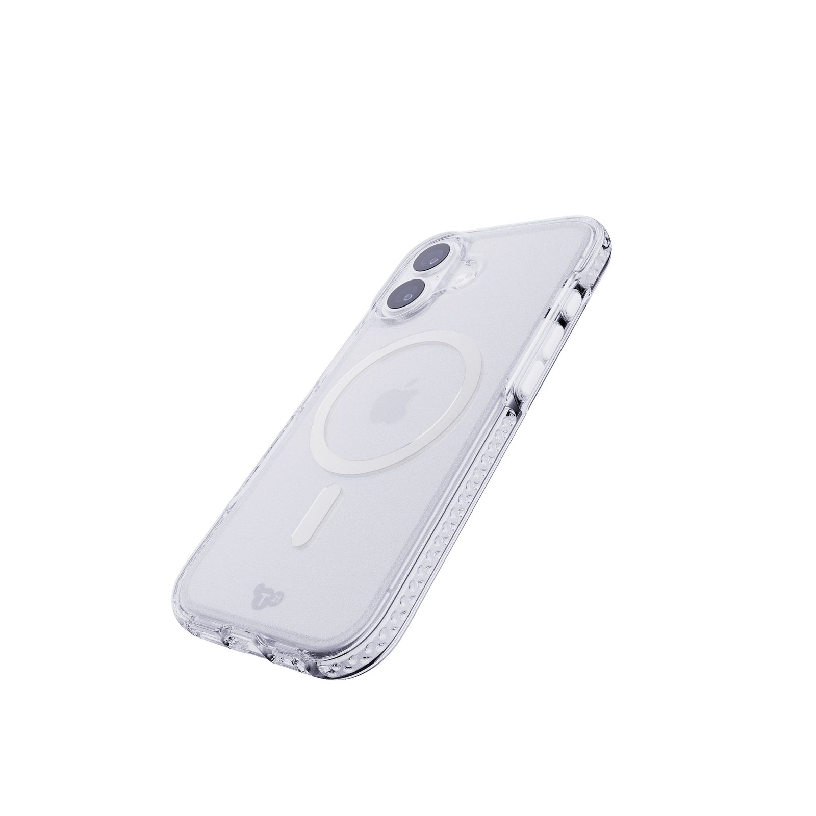 Tilted three-quarter tilted view of back of phone case with phone inside#color_metallic-silver