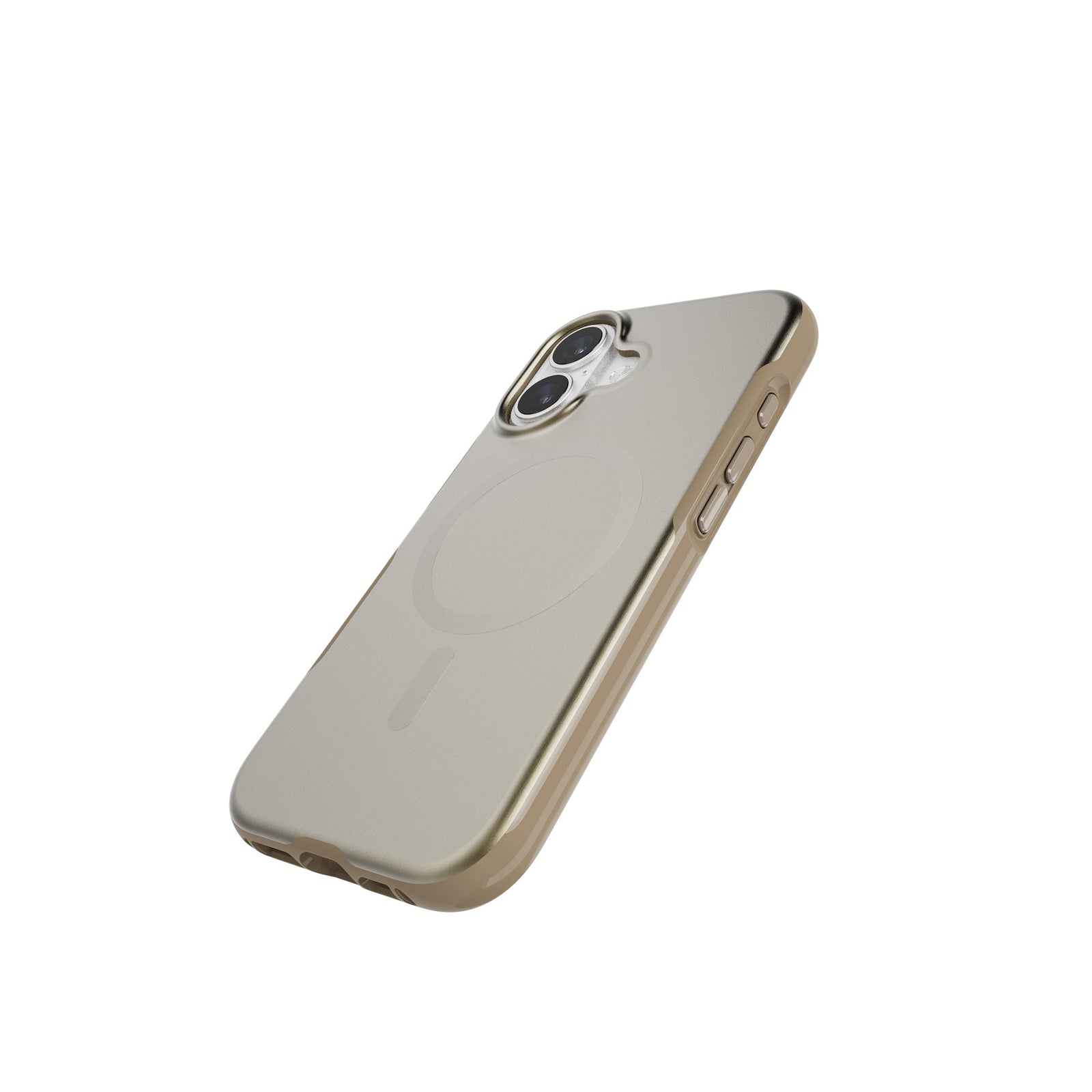 Tilted three-quarter tilted view of back of phone case with phone inside#color_copper