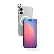 A phone protection bundle is shown from straight on showing the back of a phone in a clear case—a camera lens protector hovering over the phone's camera—and a screen protector hovering over a separate phone with its screen facing forward#color_clear
