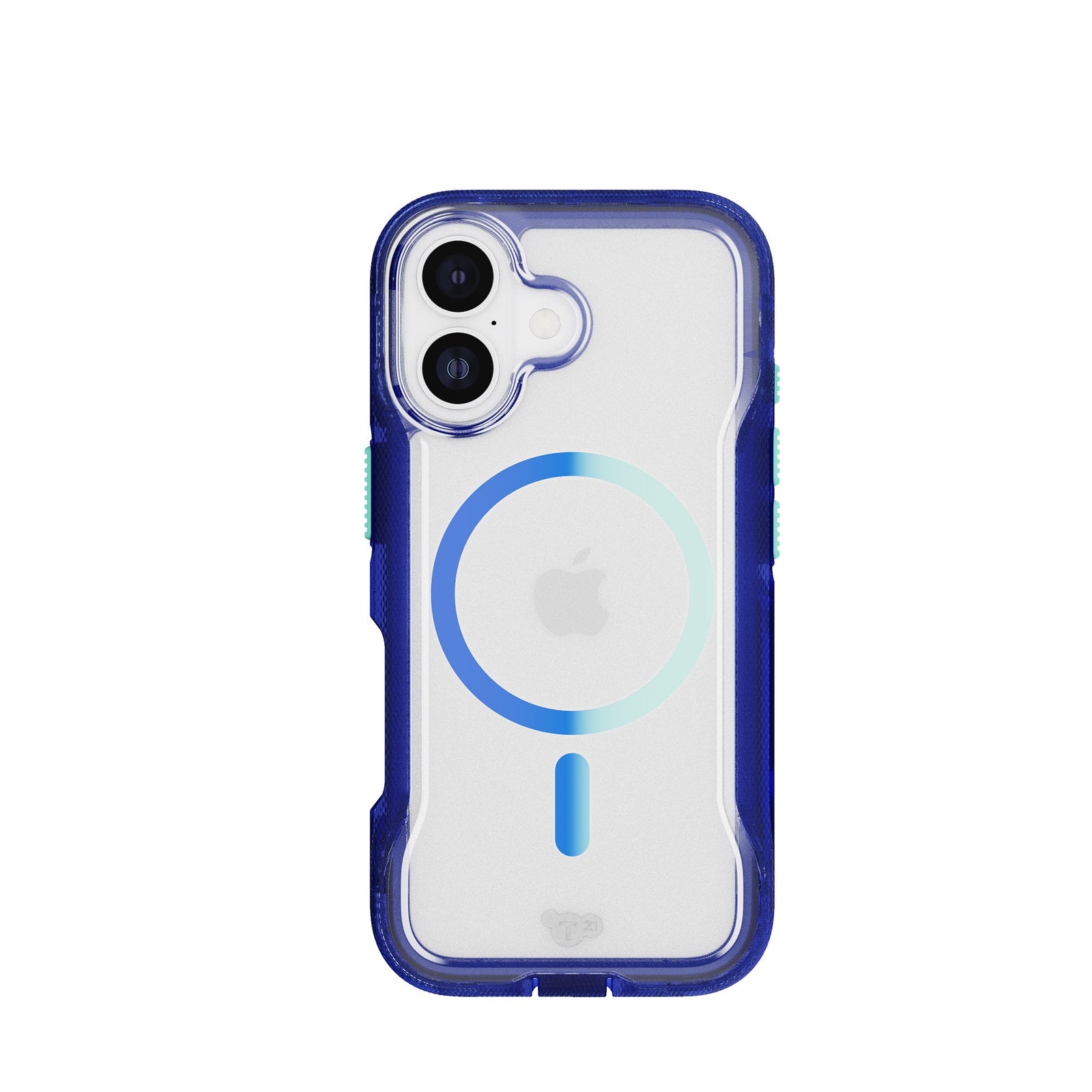 View of the back of the phone case from straight on with phone inside#color_electric-blue-jelly-mint