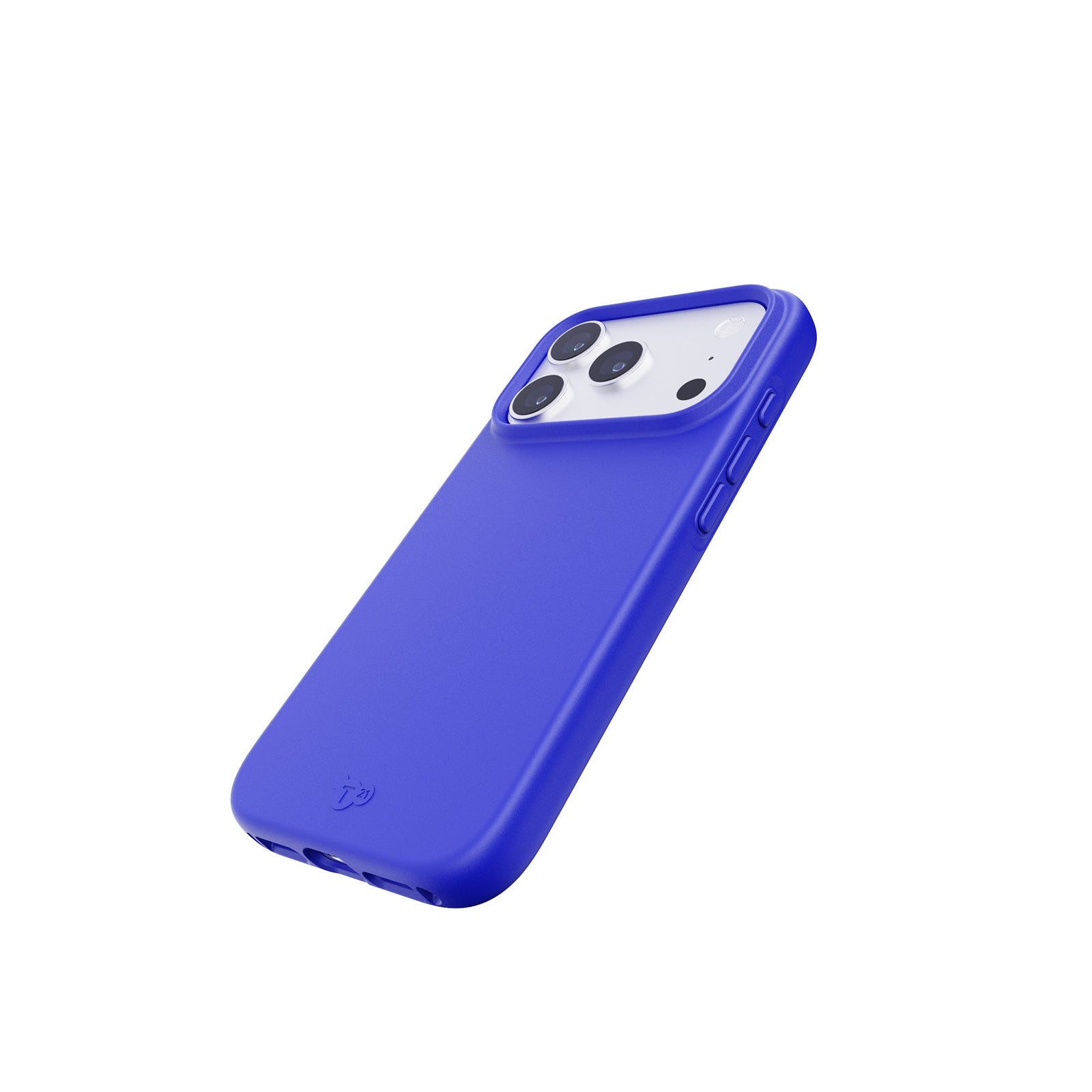 Tilted three-quarter tilted view of back of phone case with phone inside#color_electric-blue