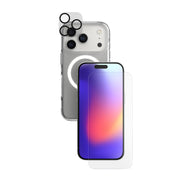 A phone protection bundle is shown from straight on showing the back of a phone in a clear case—a camera lens protector hovering over the phone's camera—and a screen protector hovering over a separate phone with its screen facing forward#color_clear