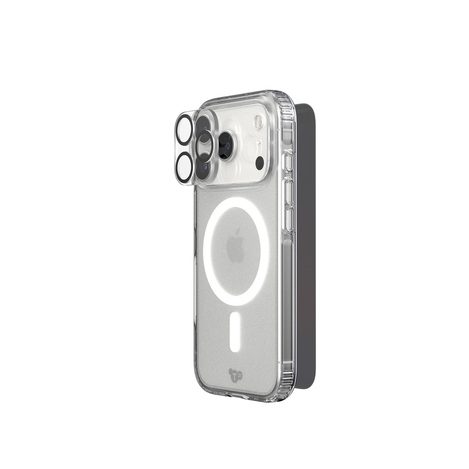 A phone protection bundle is shown from an angle with a camera lens protector hovering over the camera of a phone in a clear case; a screen protector hovers over the screen side of the phone#color_clear-privacy
