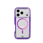 View of the back of the phone case from straight on with phone inside#color_kindred-purple-cyber-pink
