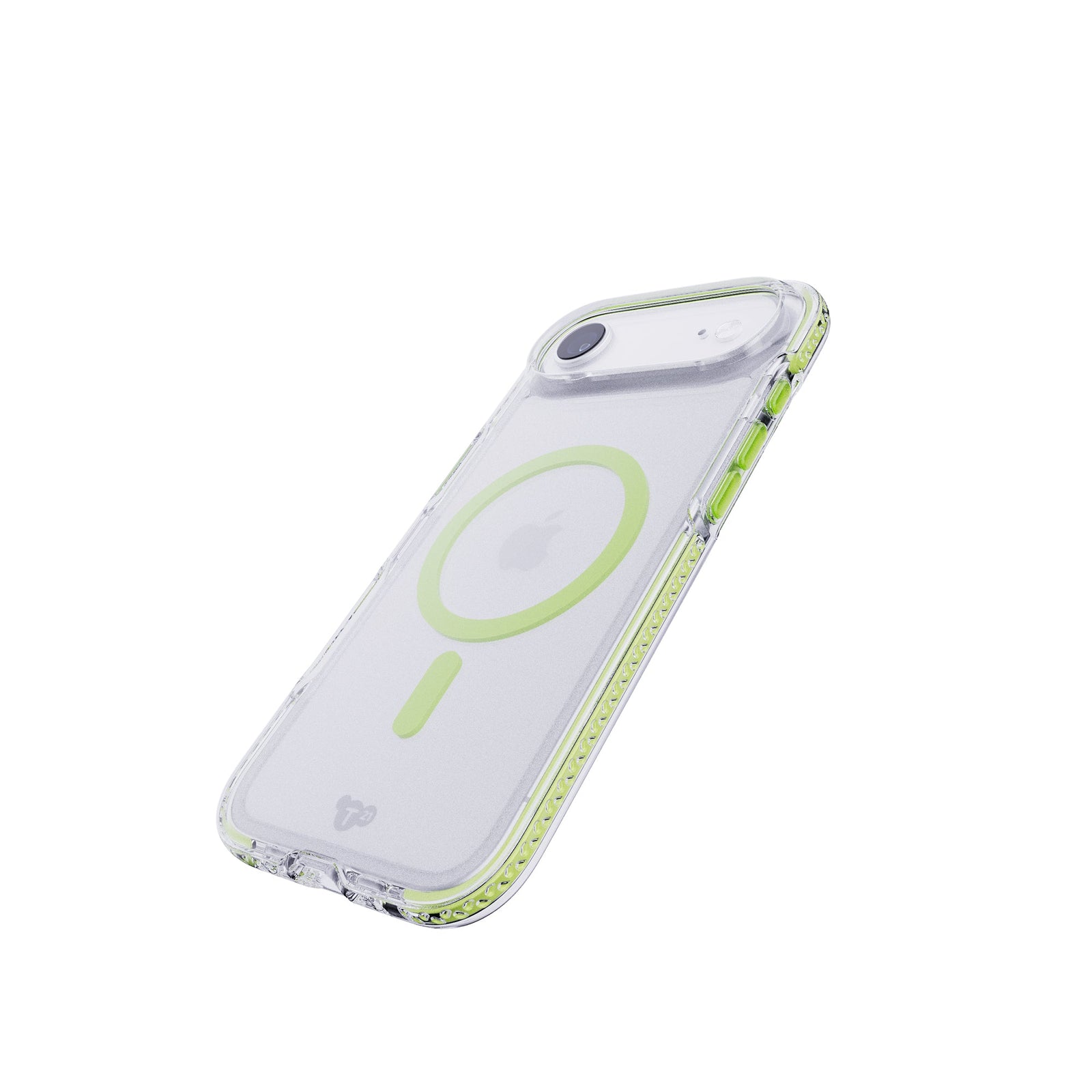 Tilted three-quarter tilted view of back of phone case with phone inside#color_green-glow-in-the-dark-magsafe-ring