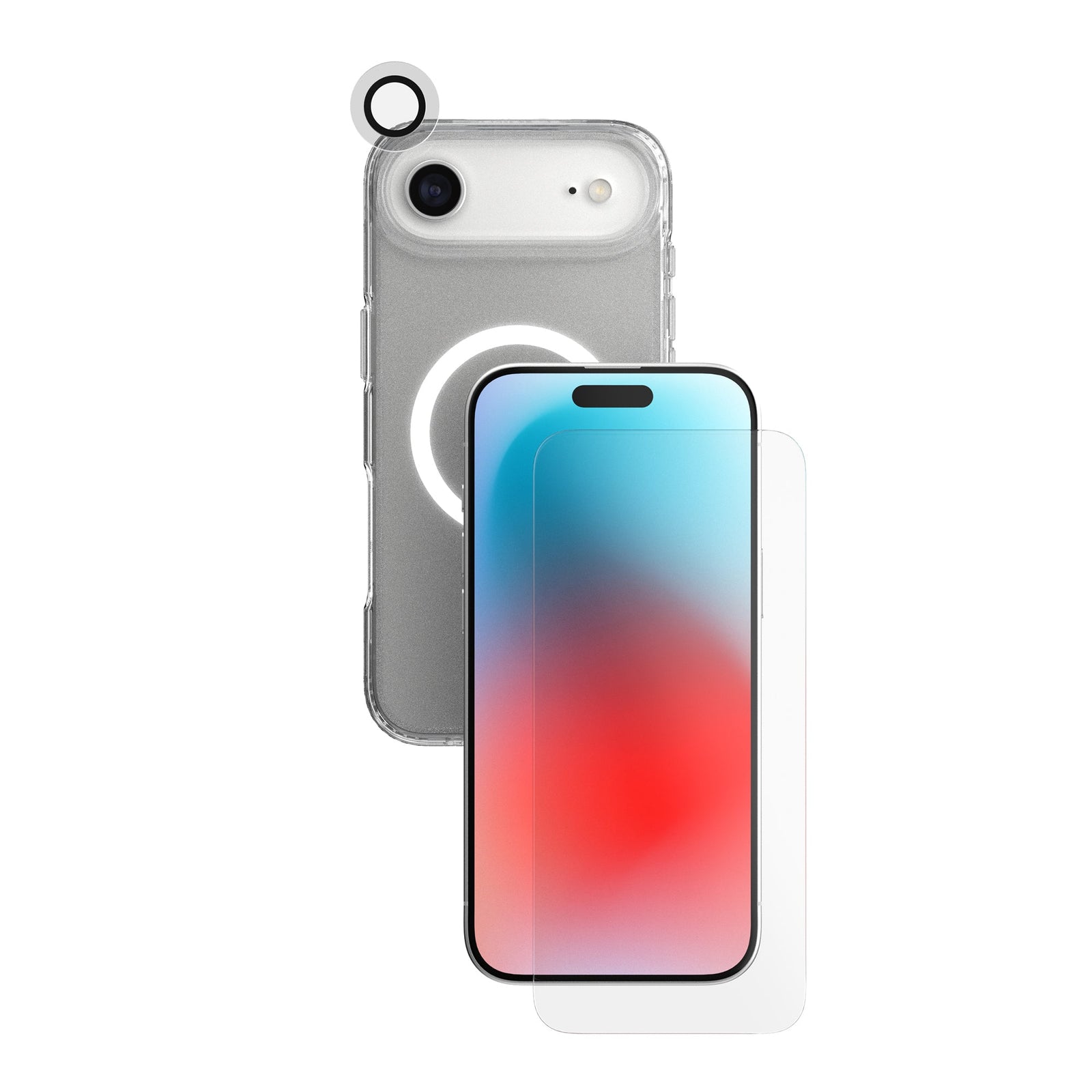 A phone protection bundle is shown from straight on showing the back of a phone in a clear case—a camera lens protector hovering over the phone's camera—and a screen protector hovering over a separate phone with its screen facing forward#color_clear