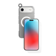 A phone protection bundle is shown from straight on showing the back of a phone in a clear case—a camera lens protector hovering over the phone's camera—and a screen protector hovering over a separate phone with its screen facing forward#color_clear
