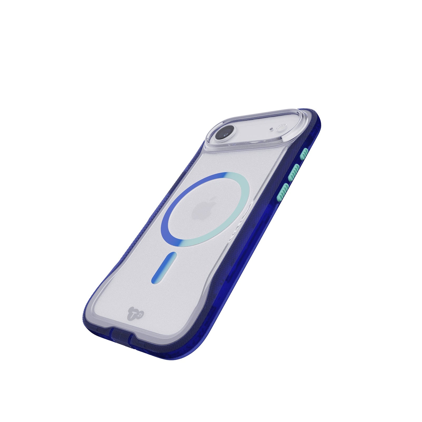 Tilted three-quarter tilted view of back of phone case with phone inside#color_electric-blue-jelly-mint