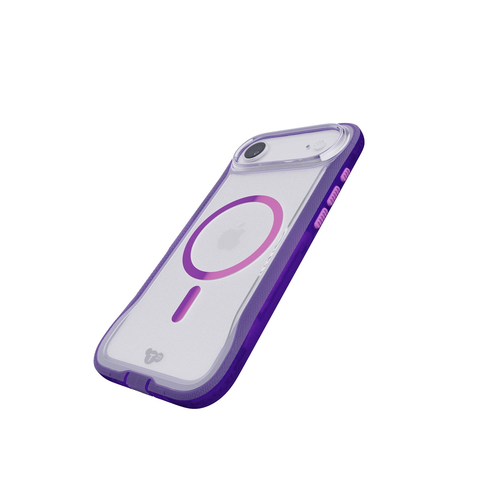 Tilted three-quarter tilted view of back of phone case with phone inside#color_kindred-purple-cyber-pink