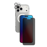 A phone protection bundle is shown from straight on showing the back of a phone in a clear case—a camera lens protector hovering over the phone's camera—and a screen protector hovering over a separate phone with its screen facing forward#color_clear-privacy