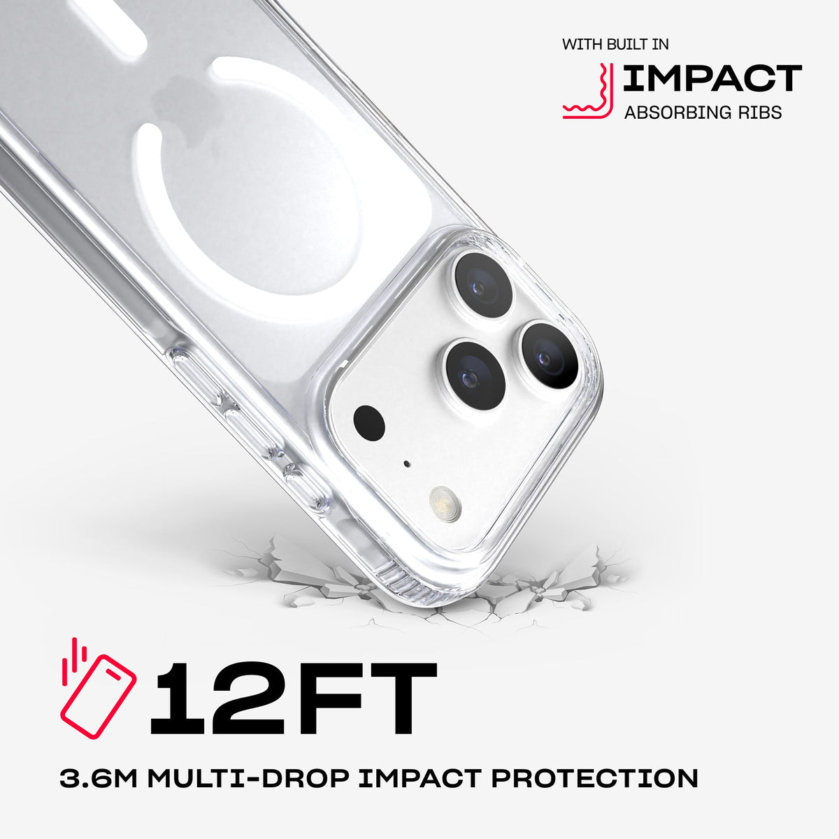 A corner of the case impacts the ground. Text reads 12-foot (3.6 meter) Multi-Drop Impact Protection with built in impact absorbing ribs#color_clear