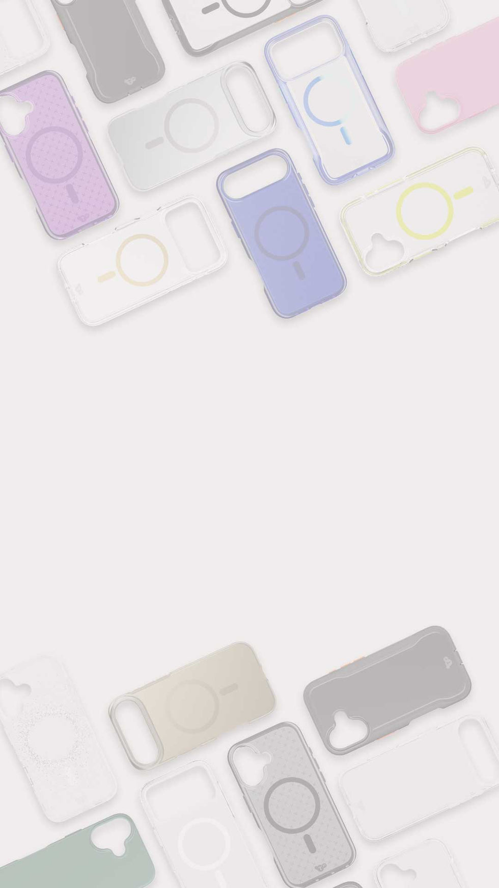 Top-down view of a crisscross pattern of empty Tech21 cases laid out on a flat surface