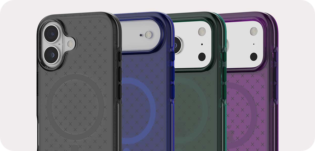 Three-quarter view of several different overlapping iPhone 17 devices in different Tech21 EvoCheck MagSafe phone cases