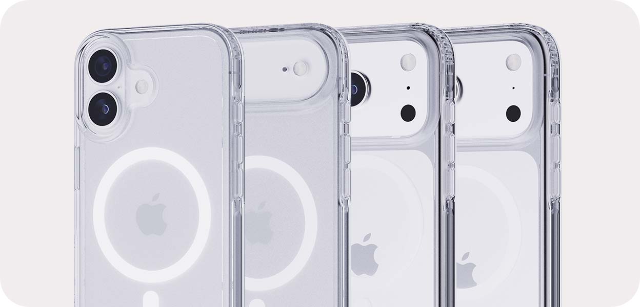 Three-quarter view of several different overlapping iPhone 17 devices in different Tech21 EvoClear MagSafe phone cases