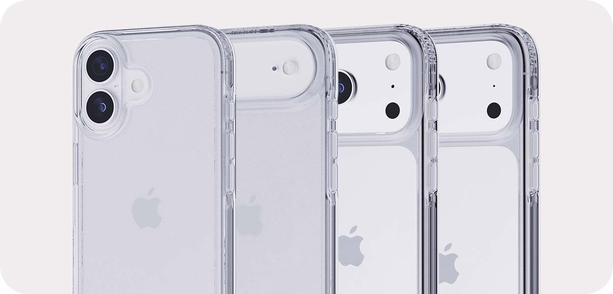 Three-quarter view of several different overlapping iPhone 17 devices in different Tech21 EvoClear phone cases