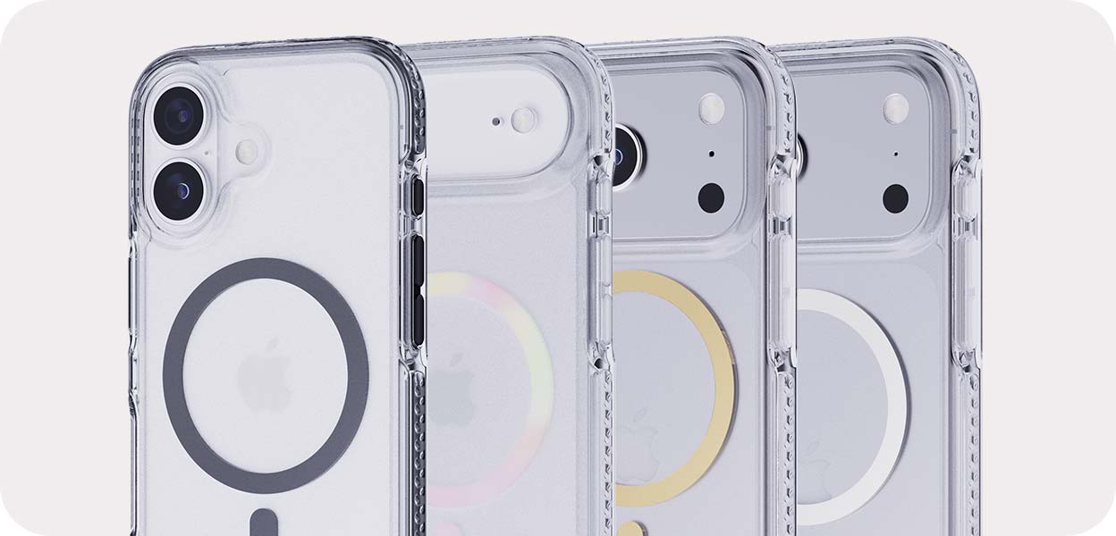 Three-quarter view of several different overlapping iPhone 17 devices in different Tech21 EvoCrystal MagSafe phone cases
