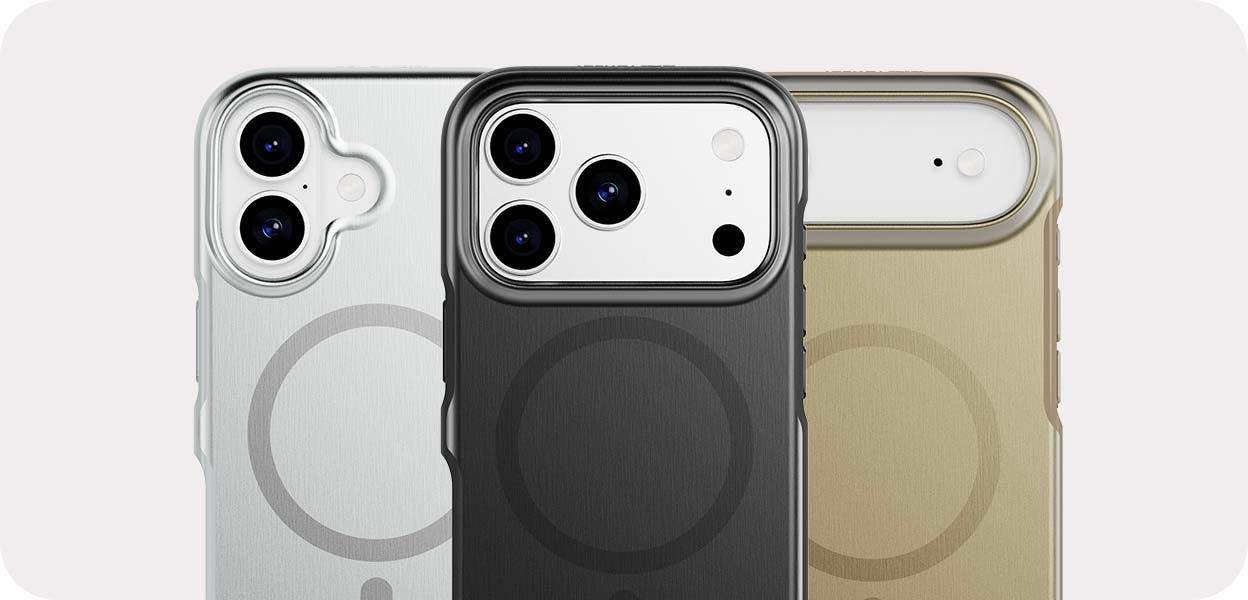 Straight back view of several different iPhone 17 devices in different Tech21 EvoDusk phone cases