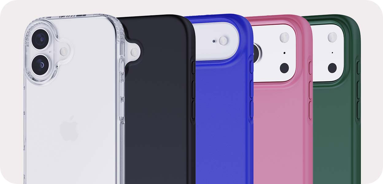 Three-quarter view of several different overlapping iPhone 17 devices in different Tech21 EvoLite phone cases