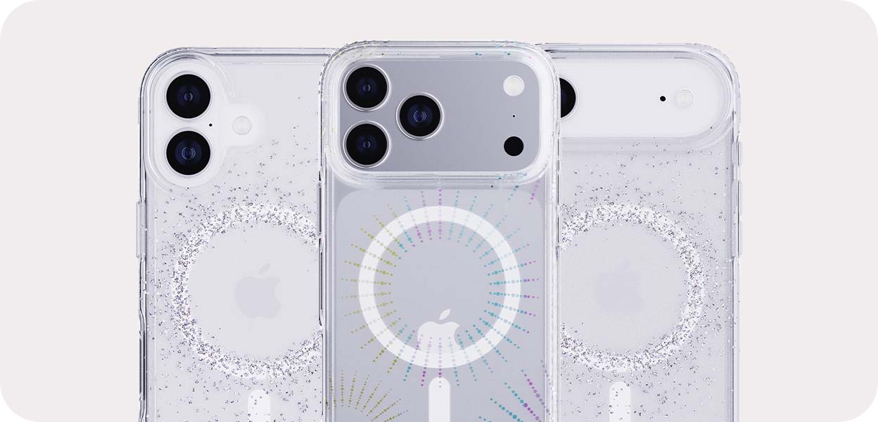 Straight back view of several different iPhone 17 devices in different Tech21 EvoSparkle phone cases