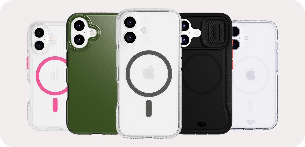 Straight back view of several different iPhone 16 devices in different Tech21 phone cases