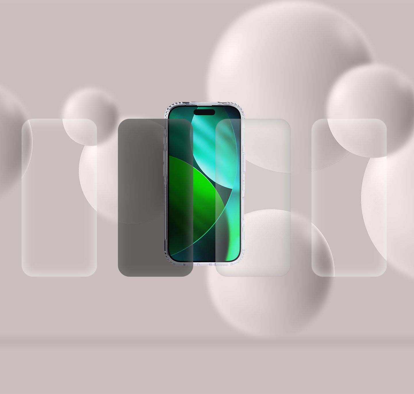 An iPhone in a clear case hovers in front of some white orbs with three clear screen protectors and one privacy glass version hovering in front of the phone