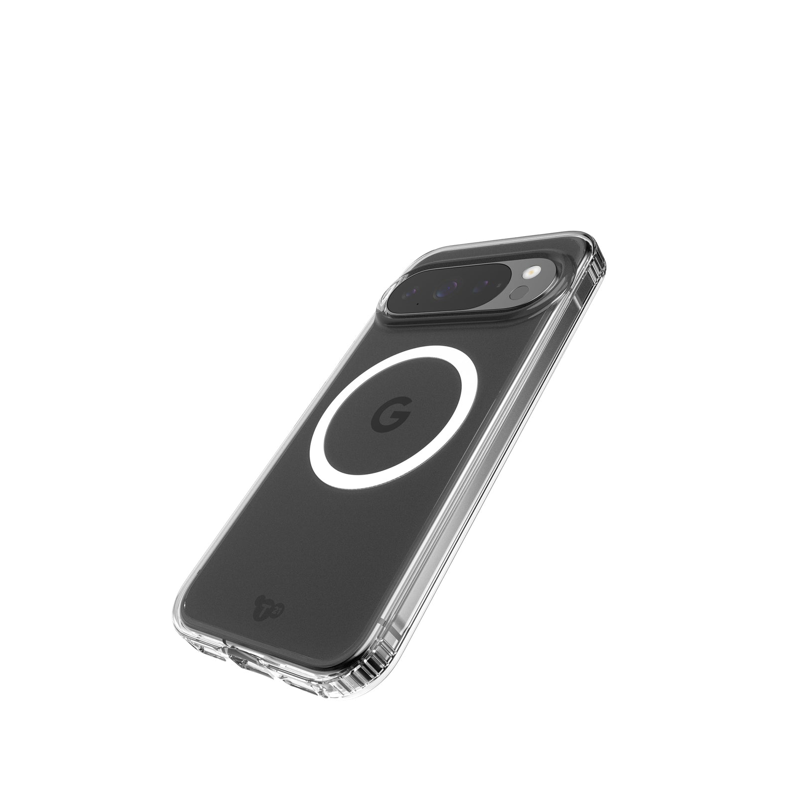 Tilted three-quarter tilted view of back of phone case with phone inside#color_clear