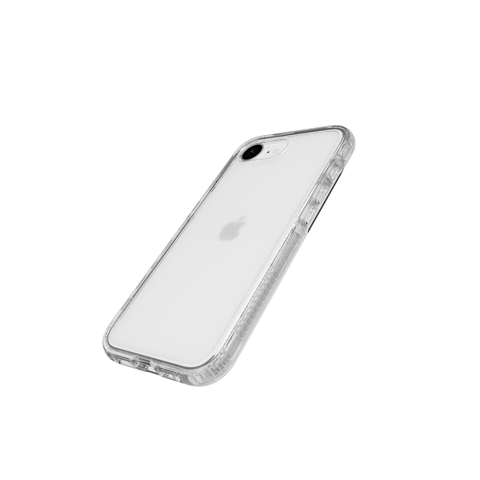 Tilted three-quarter tilted view of back of phone case with phone inside#color_clear