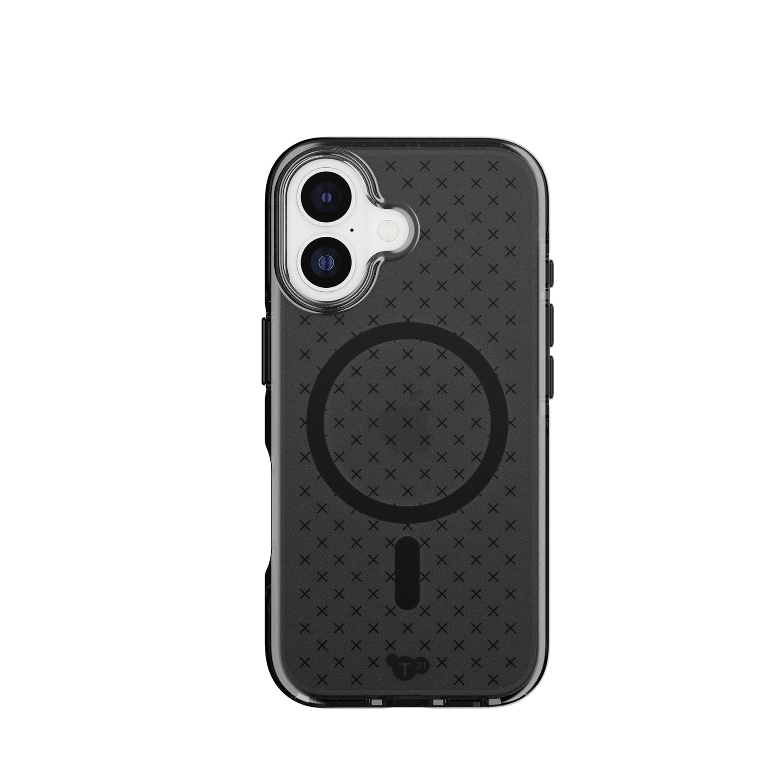 View of the back of the phone case from straight on with phone inside#color_smokey-black