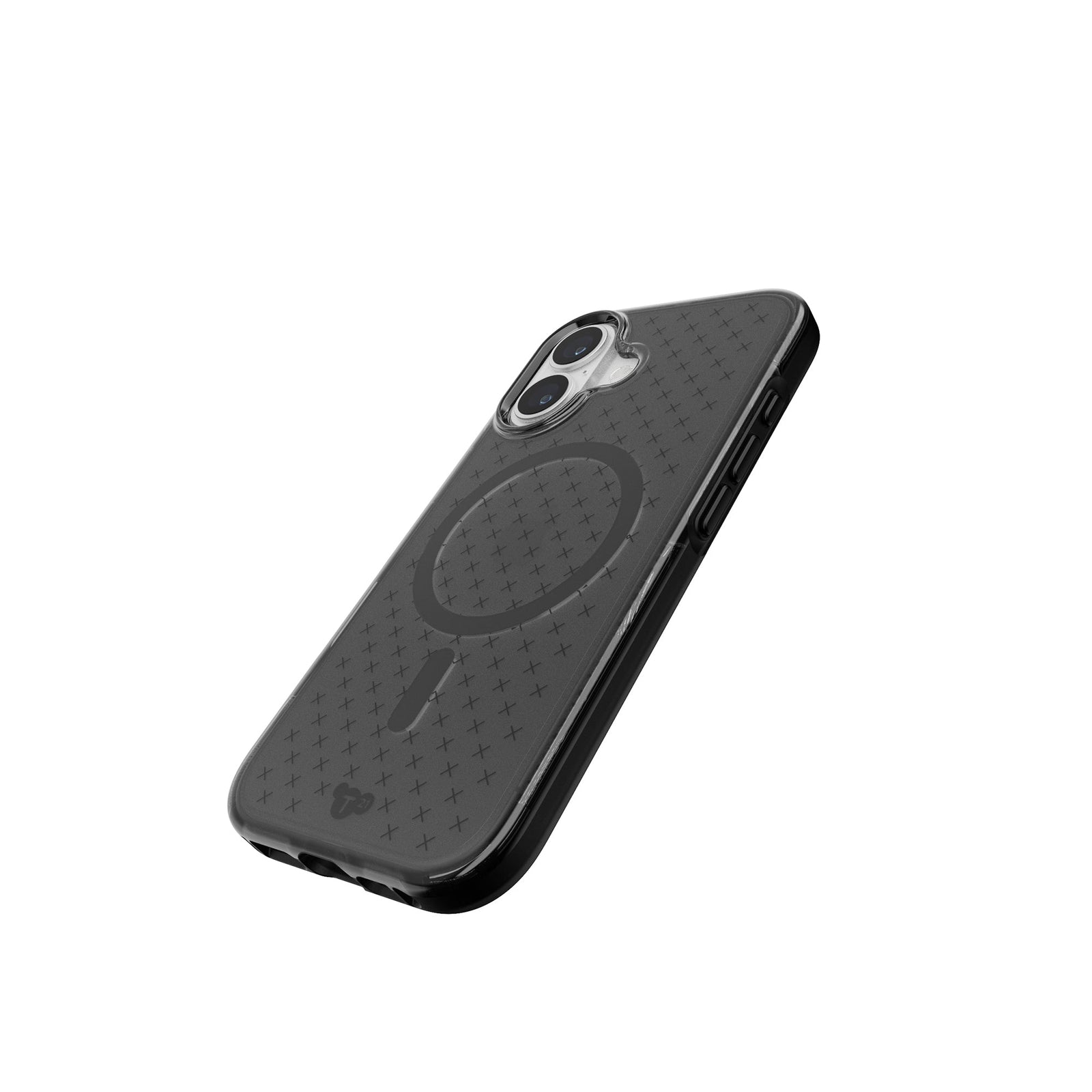 Tilted three-quarter tilted view of back of phone case with phone inside#color_smokey-black