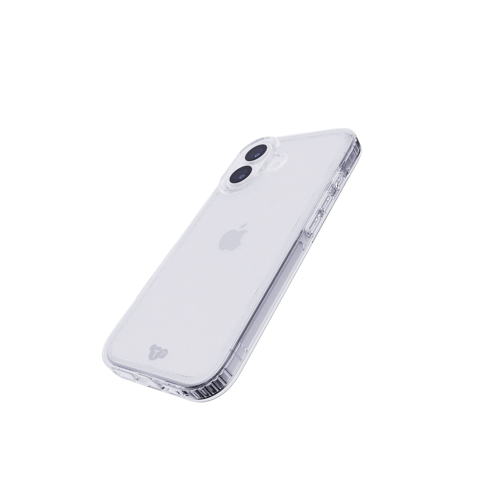 Tilted three-quarter tilted view of back of phone case with phone inside#color_clear