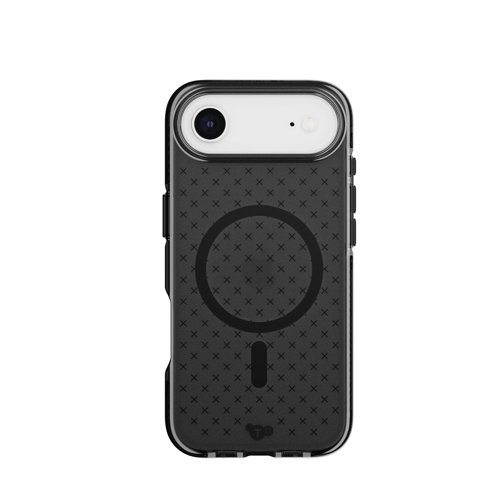 View of the back of the phone case from straight on with phone inside#color_smokey-black