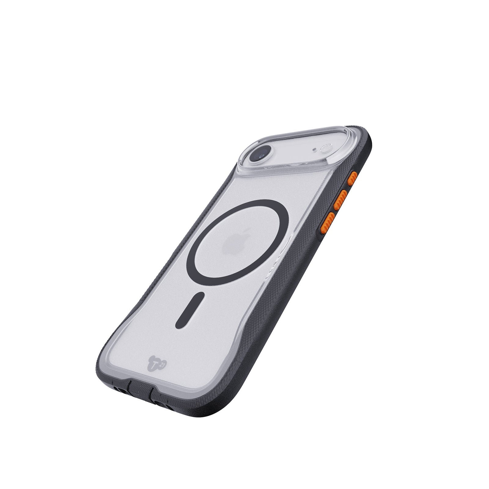 Tilted three-quarter tilted view of back of phone case with phone inside#color_clear-black