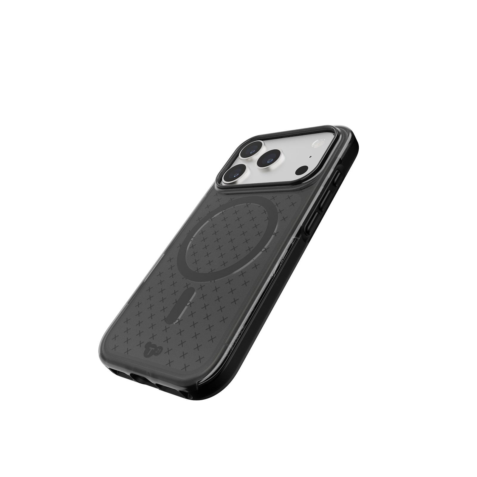 Tilted three-quarter tilted view of back of phone case with phone inside#color_smokey-black