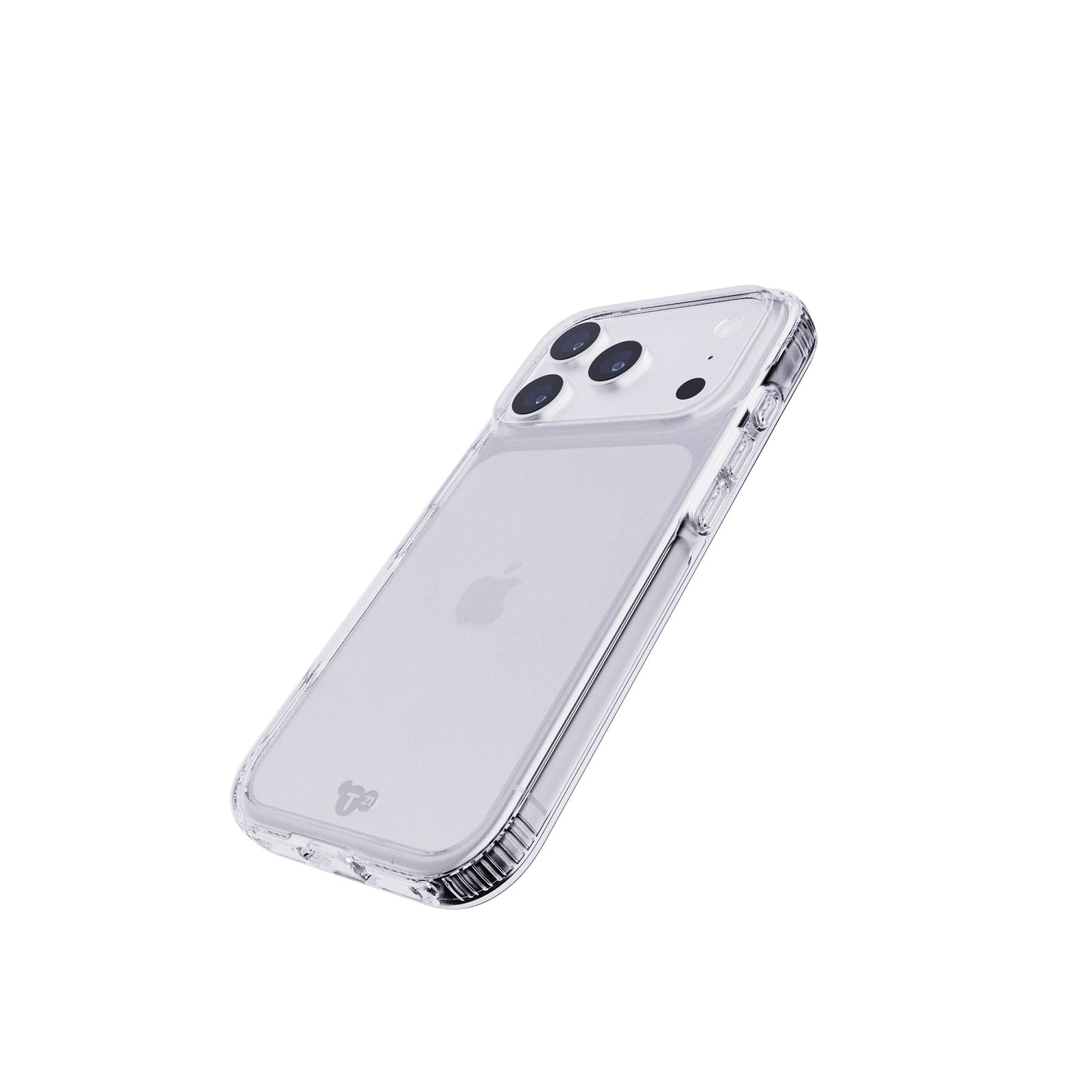Tilted three-quarter tilted view of back of phone case with phone inside#color_clear