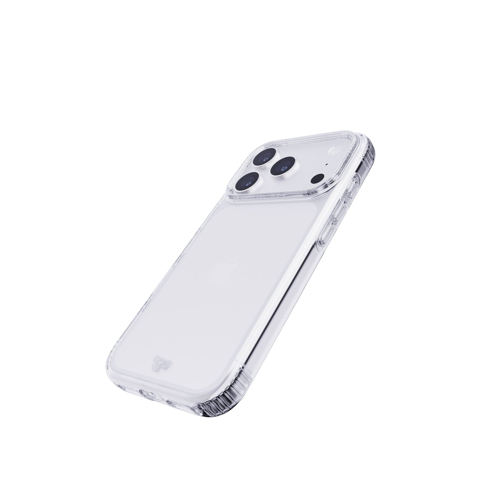 Tilted three-quarter tilted view of back of phone case with phone inside#color_clear