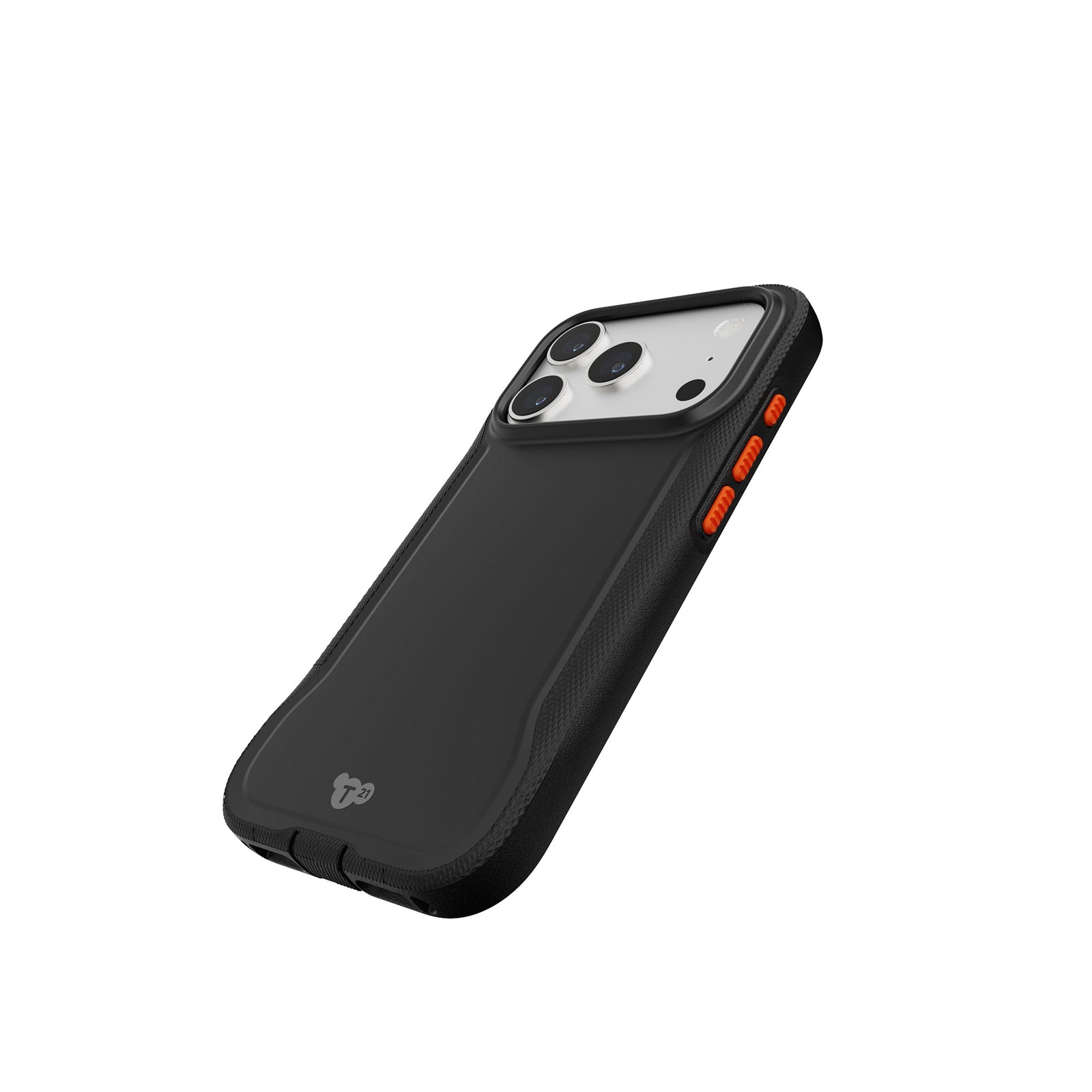Tilted three-quarter tilted view of back of phone case with phone inside#color_black