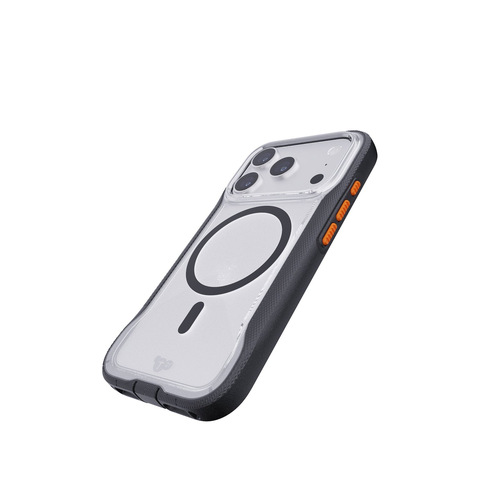 Tilted three-quarter tilted view of back of phone case with phone inside#color_clear-black