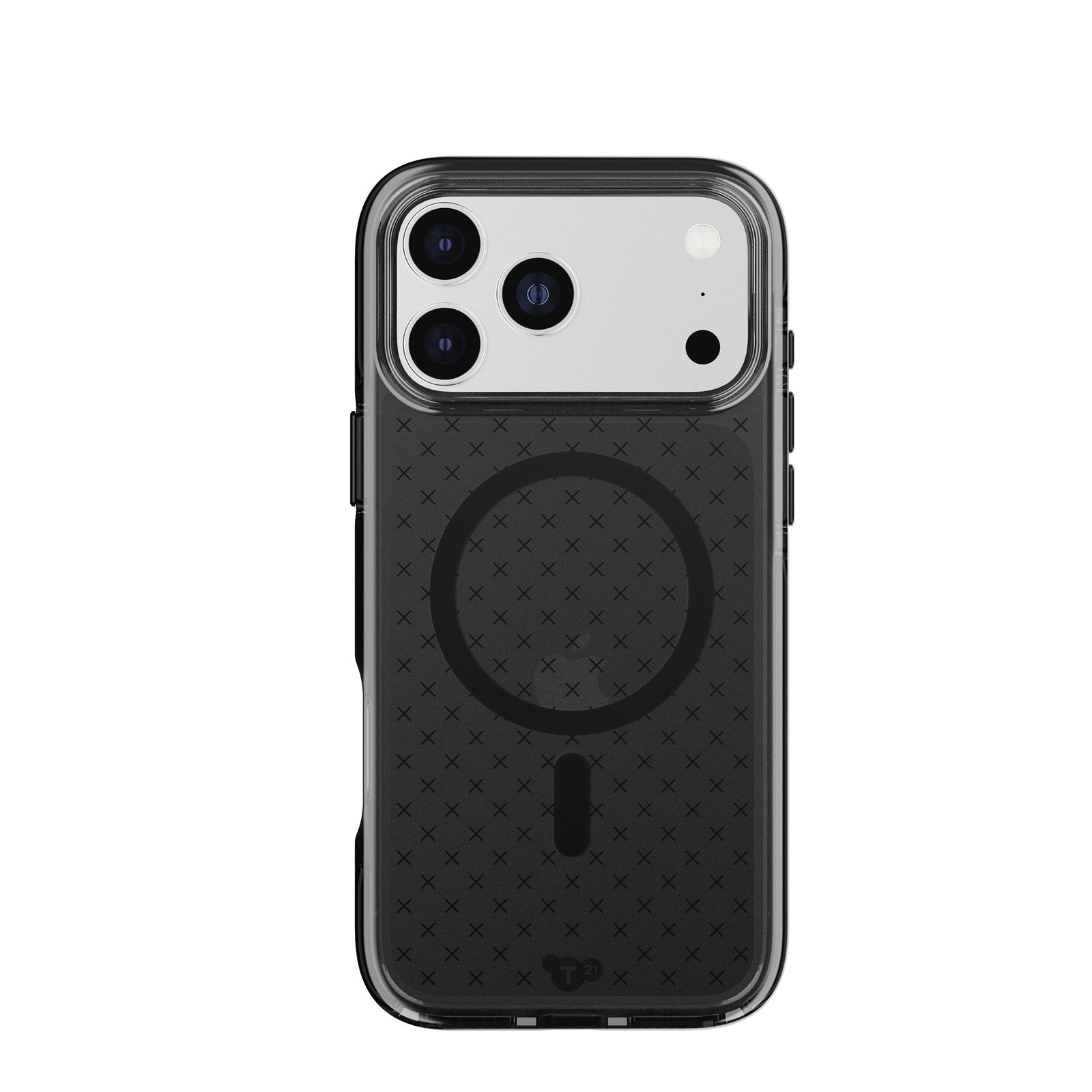 View of the back of the phone case from straight on with phone inside#color_smokey-black